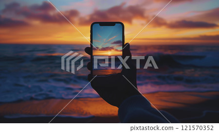 closeup shot of person holding mobile phone in hand and taking photo of beautiful sunset over sea or ocean, nature photography with smartphone digital camera 121570352