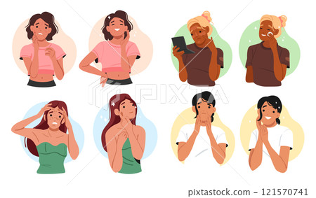 Woman characters with different face skin area problem and care, treatment procedure isolated set Woman characters with different face skin area problem and care, treatment procedure isolated set 121570741