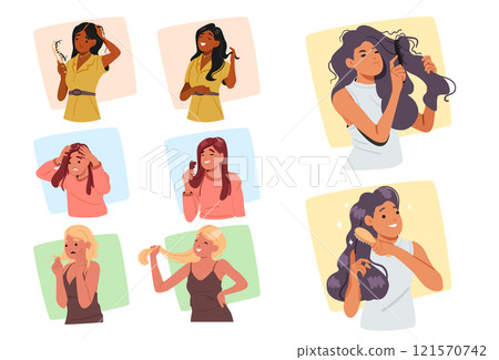 Young woman cartoon characters with hair problems before or after treatment procedure scene set 121570742