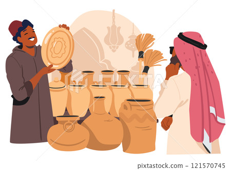 Friendly smiling turkish salesman offering traditional ethnic oriental ceramics and pottery Friendly smiling turkish salesman offering traditional ethnic oriental ceramics and pottery 121570745