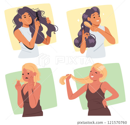 Hairstyling, hair recovery and treatment beauty procedure for damaged female hairline scene set 121570760
