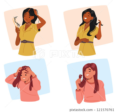 Losing hair due to dandruff, baldness or alopecia problem of woman solution vector scene set Losing hair due to dandruff, baldness or alopecia problem of woman solution vector scene set 121570761
