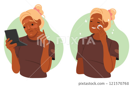 Upset young woman with problematic face skin before and after cosmetology treatment procedure 121570768