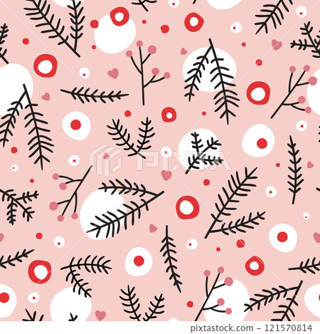 Seamless pattern with Christmas theme, elements and fir branches on soft pink background 121570814