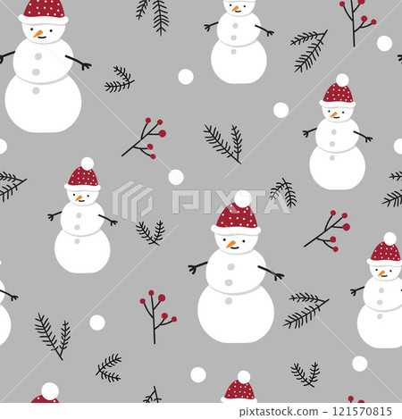 Seamless pattern with cute snowmen with red hats and fir branches on grey background 121570815