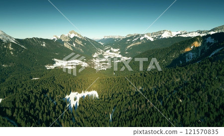 Aerial shot of the Chartreuse mountain range in winter, French Alps 121570835