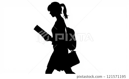 A woman reading a book while going home from school 121571195