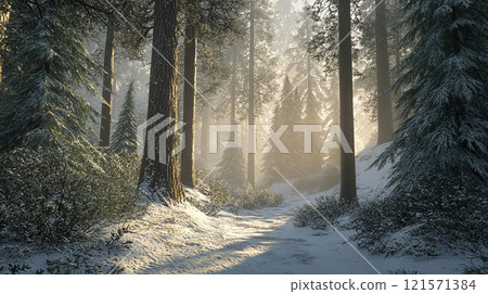 Sunlight shining into the snowy forest 121571384