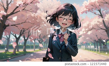 High school girl standing with cherry blossoms in the background 121571440