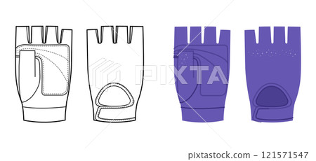 Workout Gloves purple cartoon and flat mockup sketch Fashion hand accessory Weightlifting technical illustration 121571547