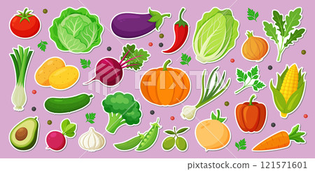 Hand drawn colorful vegetables stickers set. Trendy flat style organic food Hand drawn colorful vegetables stickers set. Trendy flat style organic food 121571601