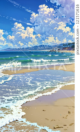 Sky and ocean line scenery, anime style background 121571616