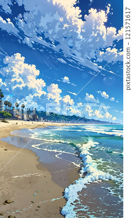 Sky and ocean line scenery, anime style background 121571617