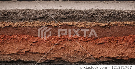Cross-section through a soil layer with different colored sediment layers formed in the course of the earth's history 121571797