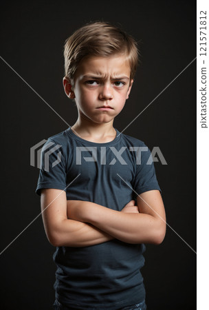 A very upset and agitated child crosses his arms and is in a bad mood and angry at something and shows a grim facial expression or shouts loudly 121571812