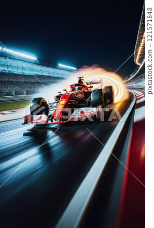 Dynamic and illustrative depiction of a formula one racing car on a racetrack with elongated lights through long exposure 121571848