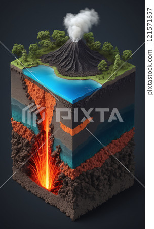 Cross-section of a piece of the earth's crust, different composition and dynamic processes in the earth's layers and the geological changes on the earth's mantle 121571857