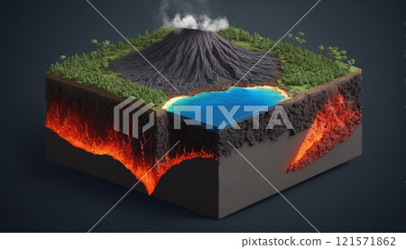 Cross-section of a piece of the earth's crust, different composition and dynamic processes in the earth's layers and the geological changes on the earth's mantle 121571862