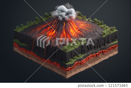 Cross-section of a piece of the earth's crust, different composition and dynamic processes in the earth's layers and the geological changes on the earth's mantle 121571865