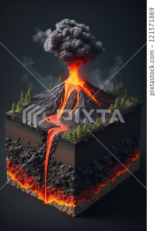 Cross-section of a piece of the earth's crust, different composition and dynamic processes in the earth's layers and the geological changes on the earth's mantle 121571869