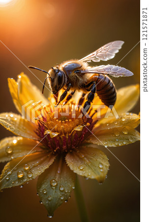 Close-up of a honey bee searching for nectar and food for the bee colony, important for pollination in nature and the ecosystem 121571871