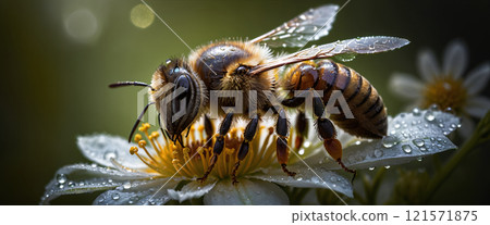 Close-up of a honey bee searching for nectar and food for the bee colony, important for pollination in nature and the ecosystem 121571875