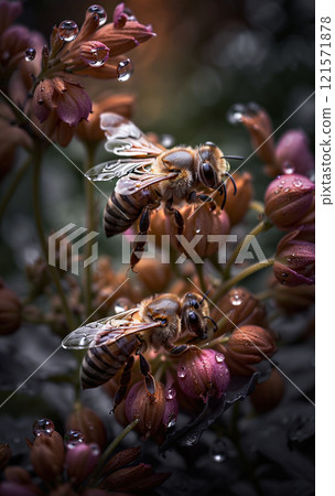 Close-up of a honey bee searching for nectar and food for the bee colony, important for pollination in nature and the ecosystem 121571878