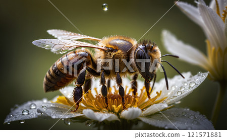 Close-up of a honey bee searching for nectar and food for the bee colony, important for pollination in nature and the ecosystem 121571881