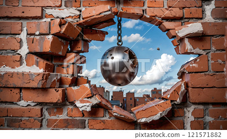Wrecking ball breaks through and destroys a brick wall and a hole is created, symbolizing renewal and liberation 121571882