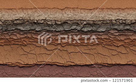 Cross-section through a soil layer with different colored sediment layers formed in the course of the earth's history 121571901