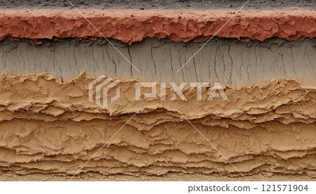 Cross-section through a soil layer with different colored sediment layers formed in the course of the earth's history 121571904