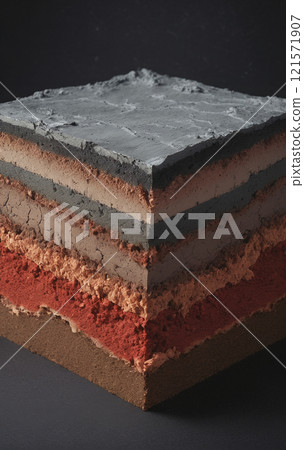 Cross-section through a soil layer with different colored sediment layers formed in the course of the earth's history 121571907