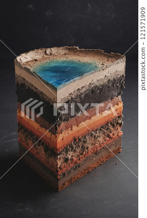 Cross-section through a soil layer with different colored sediment layers formed in the course of the earth's history 121571909