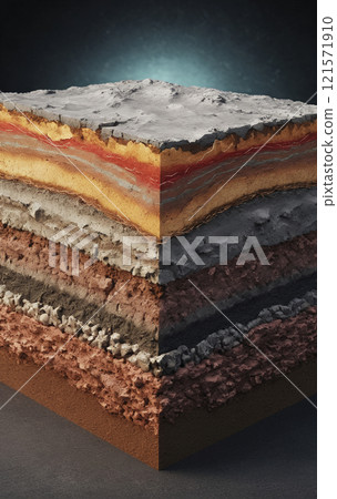 Cross-section through a soil layer with different colored sediment layers formed in the course of the earth's history 121571910