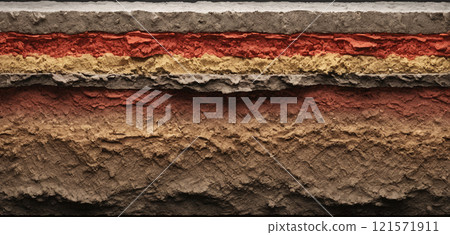 Cross-section through a soil layer with different colored sediment layers formed in the course of the earth's history 121571911