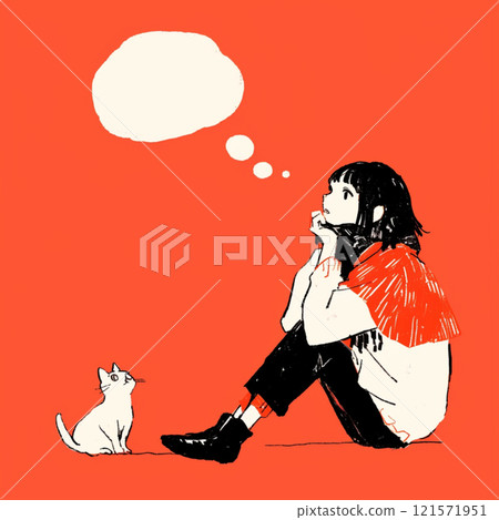 [Speech bubble] Cat and girl with speech bubble 121571951