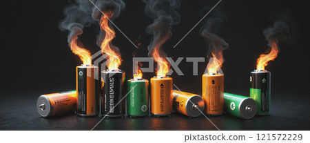 illustration of various everyday batteries that can heat up and catch fire due to a short circuit, overcharging or an internal defect illustration of various everyday batteries that can heat up and catch fire due to a short circuit, overcharging or an internal defect 121572229
