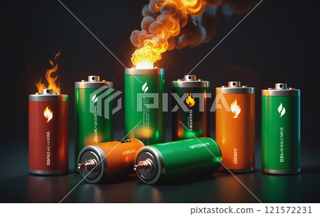 illustration of various everyday batteries that can heat up and catch fire due to a short circuit, overcharging or an internal defect illustration of various everyday batteries that can heat up and catch fire due to a short circuit, overcharging or an internal defect 121572231