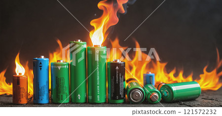 illustration of various everyday batteries that can heat up and catch fire due to a short circuit, overcharging or an internal defect 121572232