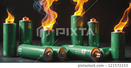 illustration of various everyday batteries that can heat up and catch fire due to a short circuit, overcharging or an internal defect 121572233
