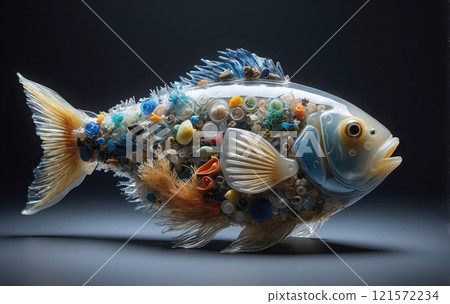 illustrative representation of a food fish made entirely of plastic, showing the accumulation of micro plastic in marine life and food from the sea 121572234
