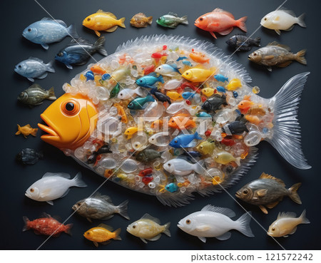 illustrative representation of a food fish made entirely of plastic, showing the accumulation of micro plastic in marine life and food from the sea 121572242