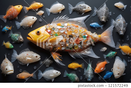 illustrative representation of a food fish made entirely of plastic, showing the accumulation of micro plastic in marine life and food from the sea 121572249