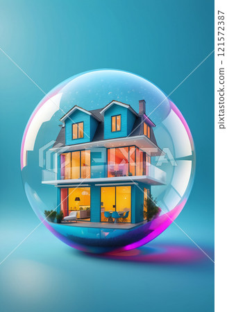 conceptual representation of a beautiful house or property wrapped in a bubble as a wish or dream to finance and own a home by credit or equity, risks of the real estate crisis 121572387