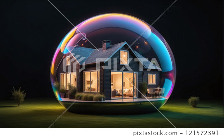 conceptual representation of a beautiful house or property wrapped in a bubble as a wish or dream to finance and own a home by credit or equity, risks of the real estate crisis 121572391