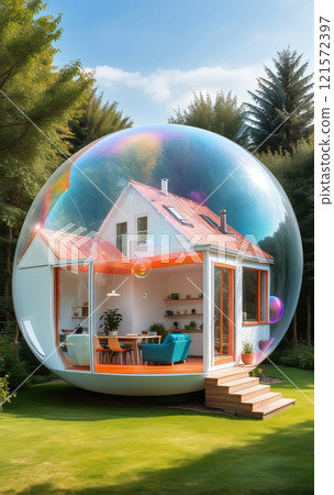 conceptual representation of a beautiful house or property wrapped in a bubble as a wish or dream to finance and own a home by credit or equity, risks of the real estate crisis 121572397