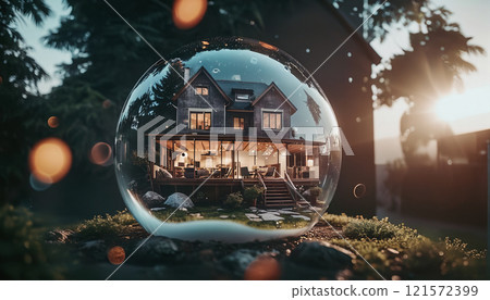 conceptual representation of a beautiful house or property wrapped in a bubble as a wish or dream to finance and own a home by credit or equity, risks of the real estate crisis 121572399