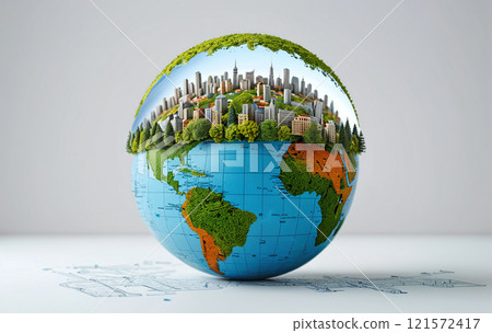 illustrative conceptual representation of planet earth in miniature size with small houses, trees and green areas, to visualize the vulnerability and uniqueness of this planet 121572417