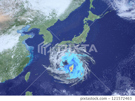 A fictional weather map of a large typhoon approaching Western Japan and raincloud radar (3DCG image) A fictional weather map of a large typhoon approaching Western Japan and raincloud radar (3DCG image) 121572463
