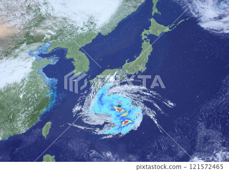A fictional weather map of a large typhoon approaching Western Japan and raincloud radar (3DCG image) 121572465
